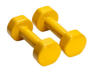 Pair of bright yellow hexagonal dumbbells for fitness and exercise isolated on transparent background