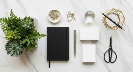 An overhead shot of desk items and plants arranged on a white marble surface Features a black notebook pens paper clips scissors and a planter with succulents and ferns