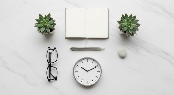 An overhead shot of desk essentials two potted succulents an open notebook with a pen eyeglasses a clock and a smooth white stone on a marble surface