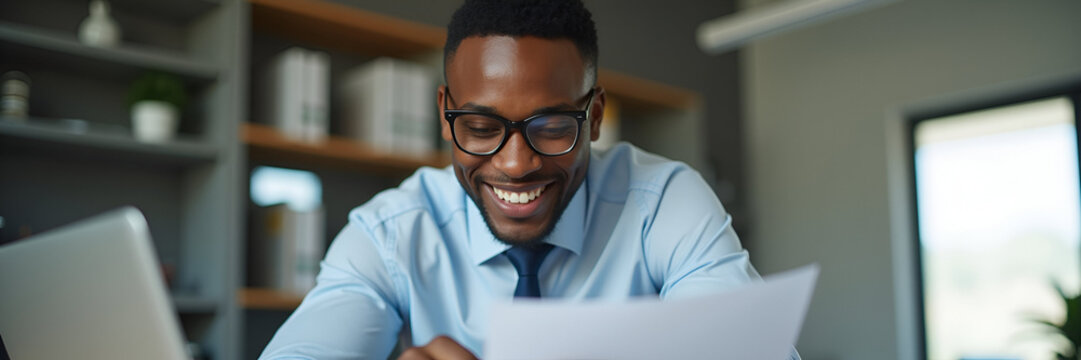 Happy busy young African business man checks documents while working on laptop in office smiles as businessman accountant company employee reads law paper corporate finances invoice report concept as 