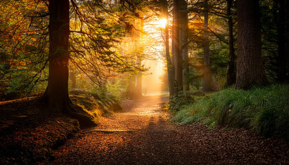Fototapeta premium A Mystical Forest Path Illuminated By Warm Golden Sunlight Creating A Serene Atmosphere And Tranquility