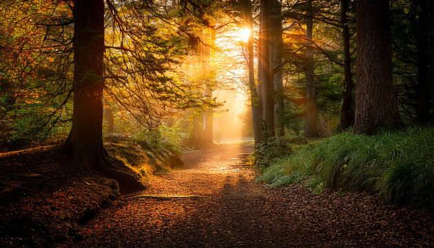 A Mystical Forest Path Illuminated By Warm Golden Sunlight Creating A Serene Atmosphere And Tranquility