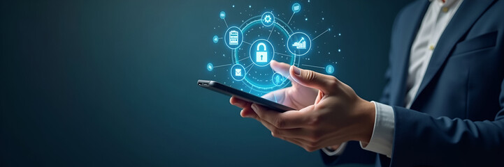 Hand using holographic digital payment interface on smartphone displaying online banking security transaction success icons symbolizing digital payments and fintech in empty space concept as Hand uses