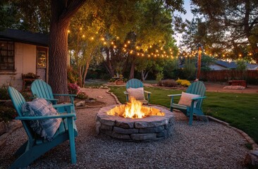 Evening backyard fire pit, patio chairs, string lights
