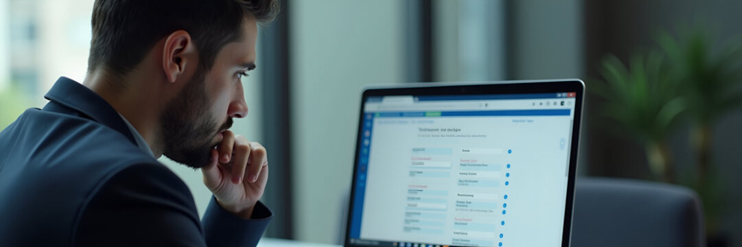 A businessman deep in thought as he evaluates various checkboxes on an online survey displayed on his laptop. The composition allows negative space for text. His concentration illustrates the importan