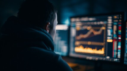 Person focusing on multiple computer screens displaying complex charts and data, illuminated by a cool, ambient light, in a dimly lit environment.