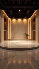 Modern minimalist interior design showcasing elegant marble flooring and warm lighting with a green plant accentuating the space