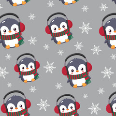 Baby Penguin Seamless Pattern Vector Illustration.