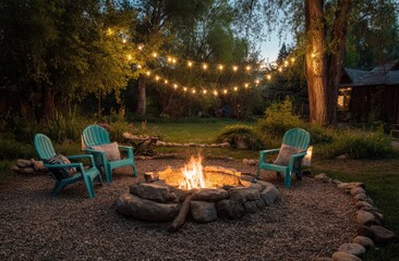 Evening fire pit, garden ambiance.  String lights, teal chairs, warm flames