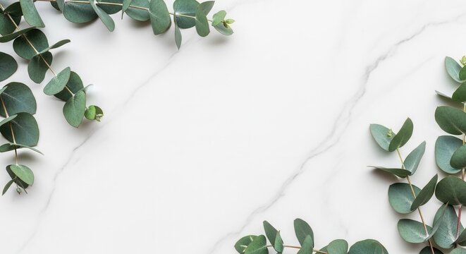 Blue-green eucalyptus leaves frame a white marble background with subtle gray veining