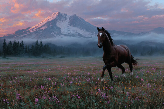 Wild horse galloping in wildflower meadow mount rainier