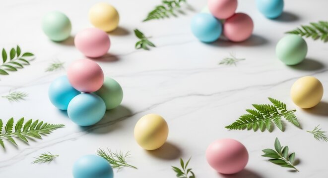 Brightly colored eggs in pastel shades with green foliage scattered on a white veined surface