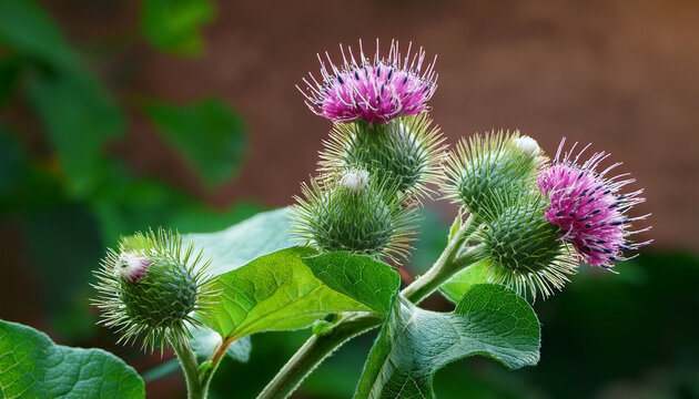 Greater Burdock Arctium Lappa Flowers And Leaves Closeup Selective Focus