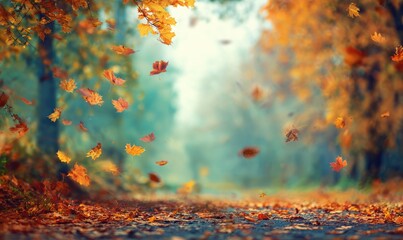 Autumn leaves falling on a path