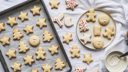 Top-down Christmas cookie spread with golden sugar shapes, red icing accents, and minimalist white fabric backdrop