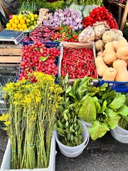 Fresh autumn farmers market.Horseradish leaves, bay leaves,dill umbrellas for canning, chili peppers,radishes,red onions,garlic and other vegetables.Food background.Autumn harvest