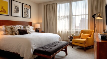 A modern bedroom with warm tones, featuring a queen-sized bed, artwork, and a mustard-yellow armchair