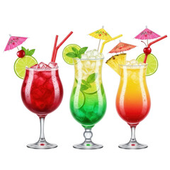 Assortment of colorful tropical cocktails with garnishes and umbrellas isolated on transparent background