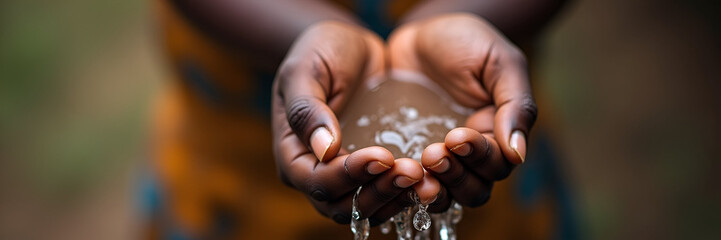 An African childs hand holding water, poignantly illustrating the critical issue of water shortage, while allowing for inspirational text or messaging in the surrounding space.
