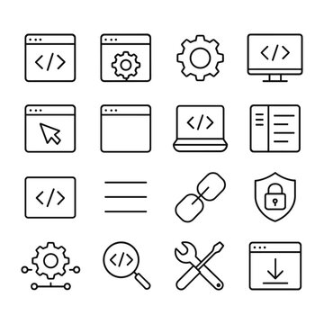 Software development and coding icon set. Outline symbols. Line design