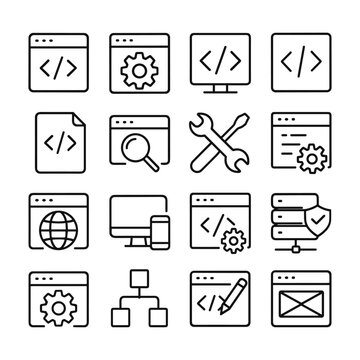 Professional web developer tools icons. Outline symbols. Line design