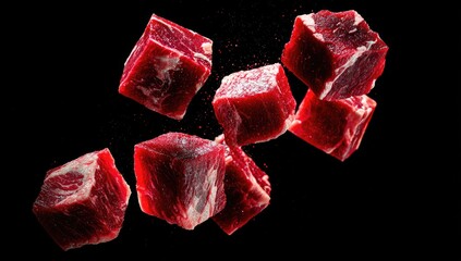 Fresh, cubed beef, suspended in mid-air against a black background, showcasing the rich red color and texture of the meat