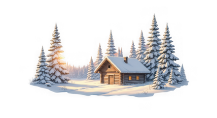 Cozy wooden cabin nestled amongst snowcovered pine trees during a serene winter sunset with warm light isolated on transparent background
