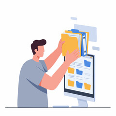 Flat Style Detailed Man Arranging Documents and Folders on Computer Screen