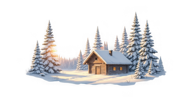 Cozy wooden cabin nestled amongst snowcovered pine trees during a serene winter sunset with warm light isolated on transparent background