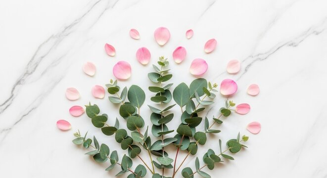 Delicately arranged pink petals and green eucalyptus branches on a white marble background with subtle gray veining