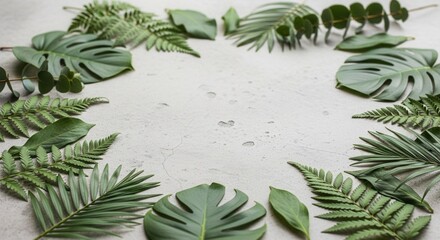 Diverse green leaves including ferns and large foliage are arranged around an empty center on a light grey textured concrete surface