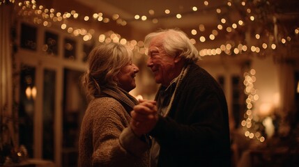 Affectionate older couple sharing a tender moment while dancing at home, captured during a celebratory evening.
