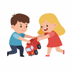 Cute Cartoon Little Boy and Girl Fighting Over a Toy Car Illustration