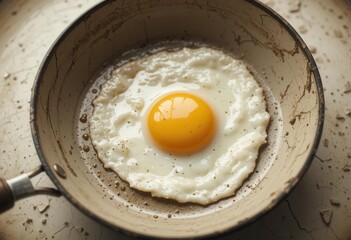 Nostalgic and Atmospheric Image of a Fried Egg in a Vintage Style Enamel Pan in Sepia Tones