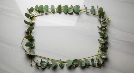 Eucalyptus branches form a rectangular frame on a light grey marbled surface enclosing an empty space in the center
