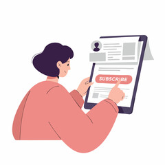 Flat Illustration Person Using Tablet with Subscribe Button Concept