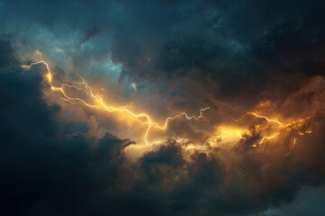 Dramatic lightning storm, with intense, golden-yellow bolts slicing through dark, turbulent clouds