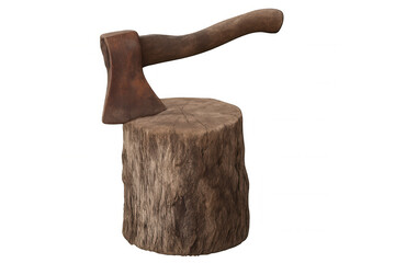 Rusty axe chopping wood on an old tree stump, symbolizing craftsmanship, primitive tools, and rural life on transparent background