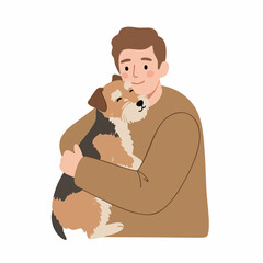 Flat Cartoon Smiling Man Hugging Small Dog Pet Illustration