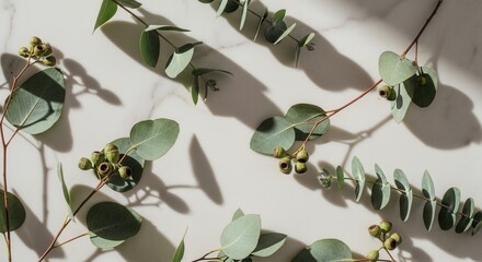 Eucalyptus branches with green leaves and round seed pods are artfully arranged on a white marble surface illuminated by natural light casting distinct shadows