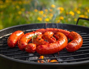 Grilled Sausages on a Barbecue Grill.