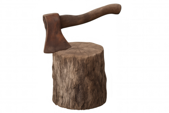 Rusty axe chopping wood on an old tree stump, symbolizing craftsmanship, primitive tools, and rural life on transparent background
