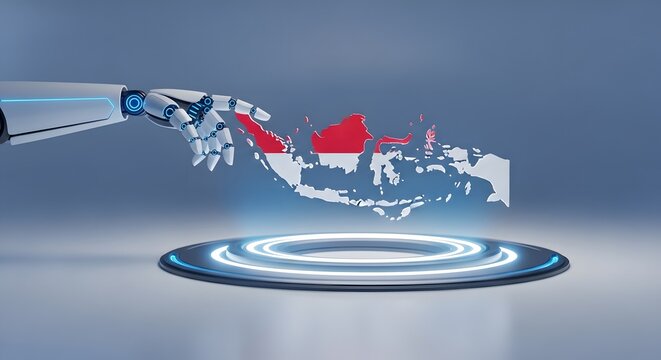 Robotic hand interacting with a holographic map of indonesia - Powered by Adobe