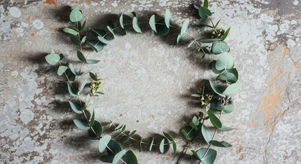 Eucalyptus branches with green leaves and seed pods form an oval wreath on a textured grey stone surface with subtle shadows