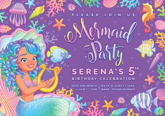 Birthday party invitation with a cute mermaid with a harp. Vector template on purple background.