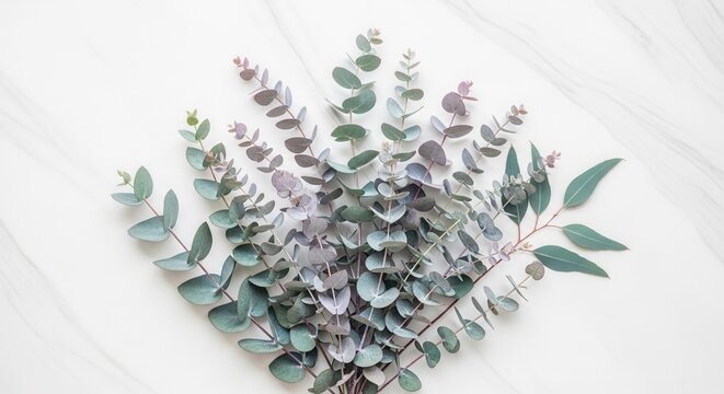Eucalyptus branches with round and elongated leaves showing green and purplish hues arranged on a white marble surface with subtle veining