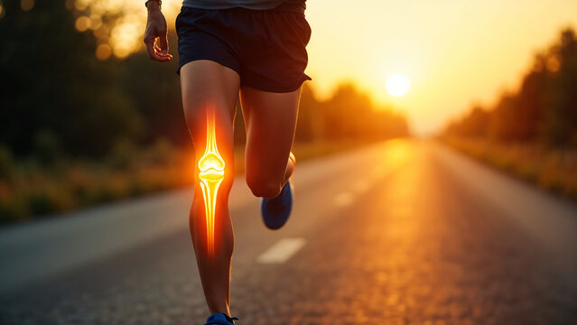 Knee pain running Runner experiences outdoor, Highlighted skeleton visualizes joint inflammation during workout. Athlete suffers leg injury, needs physiotherapy, massage, Health medical assistance