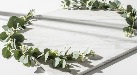 Eucalyptus leaf garland with white blossoms on a sunlit marble board
