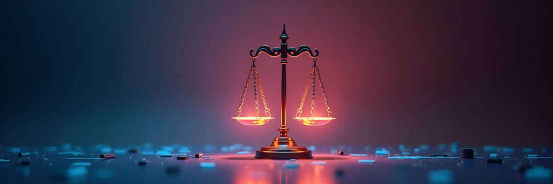 A holographically displayed scales of justice glow vibrantly amidst regulatory icons, seated on a color gradient background, creating a definitive copy space.