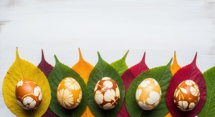 Five patterned eggs rest on a vibrant arrangement of autumn leaves against a white wooden surface